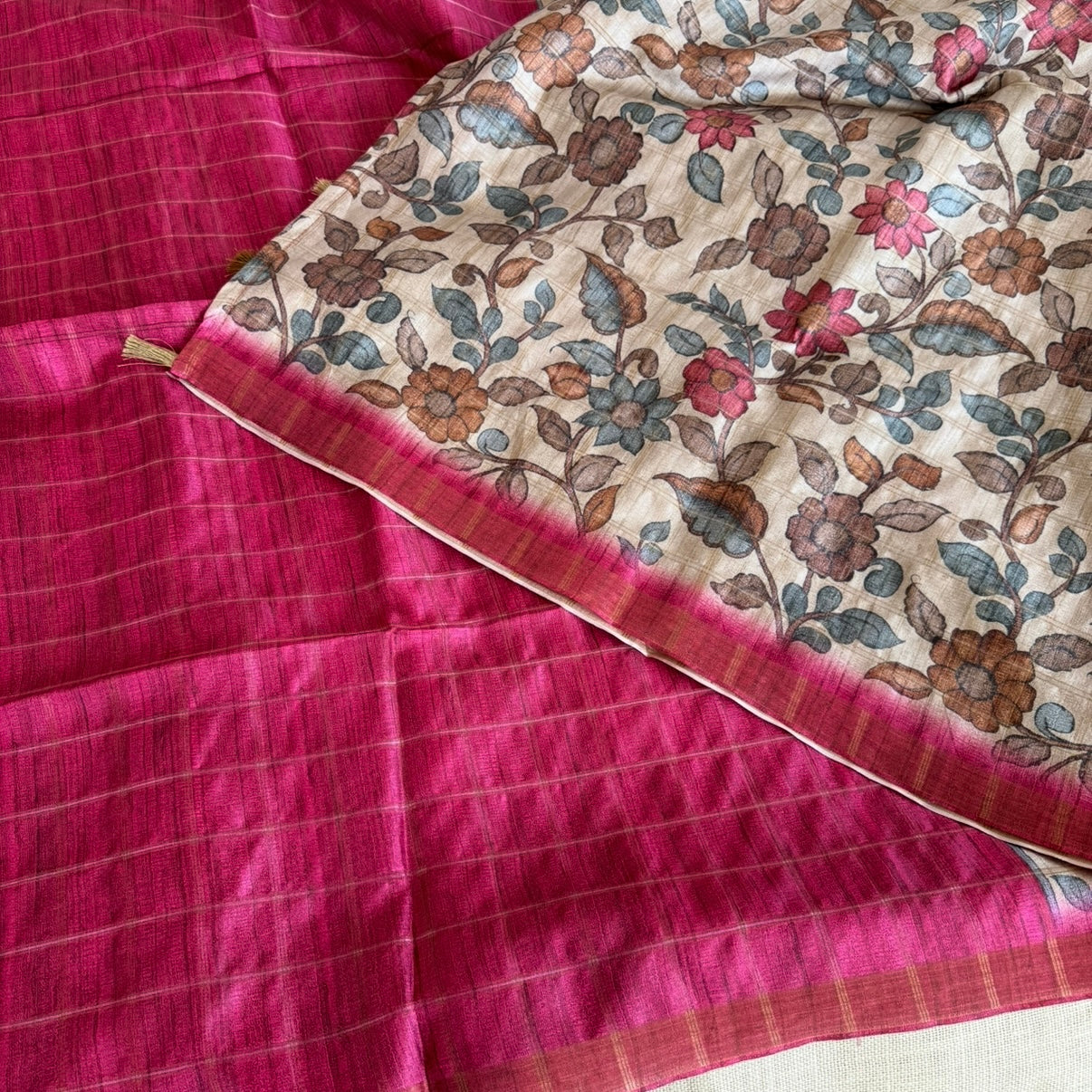 Pink Checks Kalamkari Semi Tussar Saree