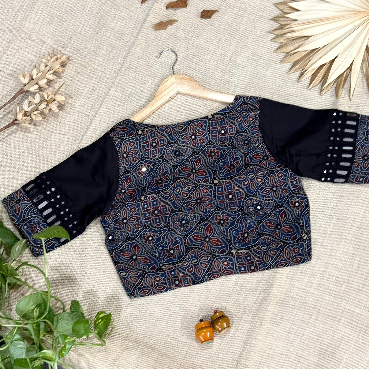 Indigo Ajrakh Modal Mirror Embroidery Blouse