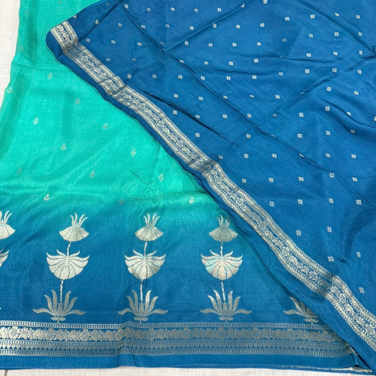 Green with Blue Pure Crepe Silk Saree