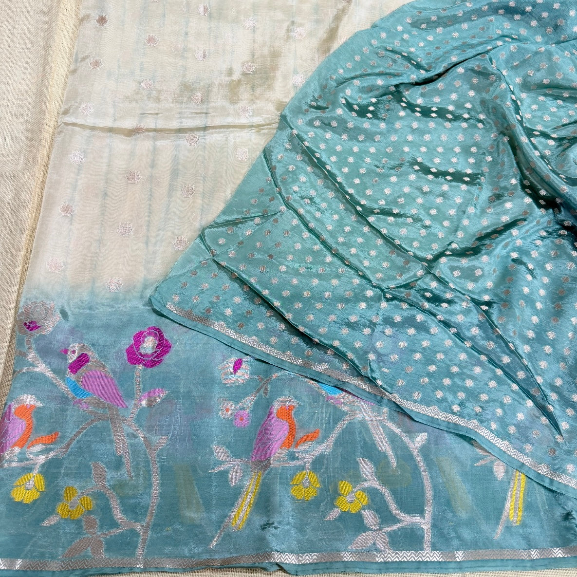 Sea Green Off White Floral Paper Silk Saree
