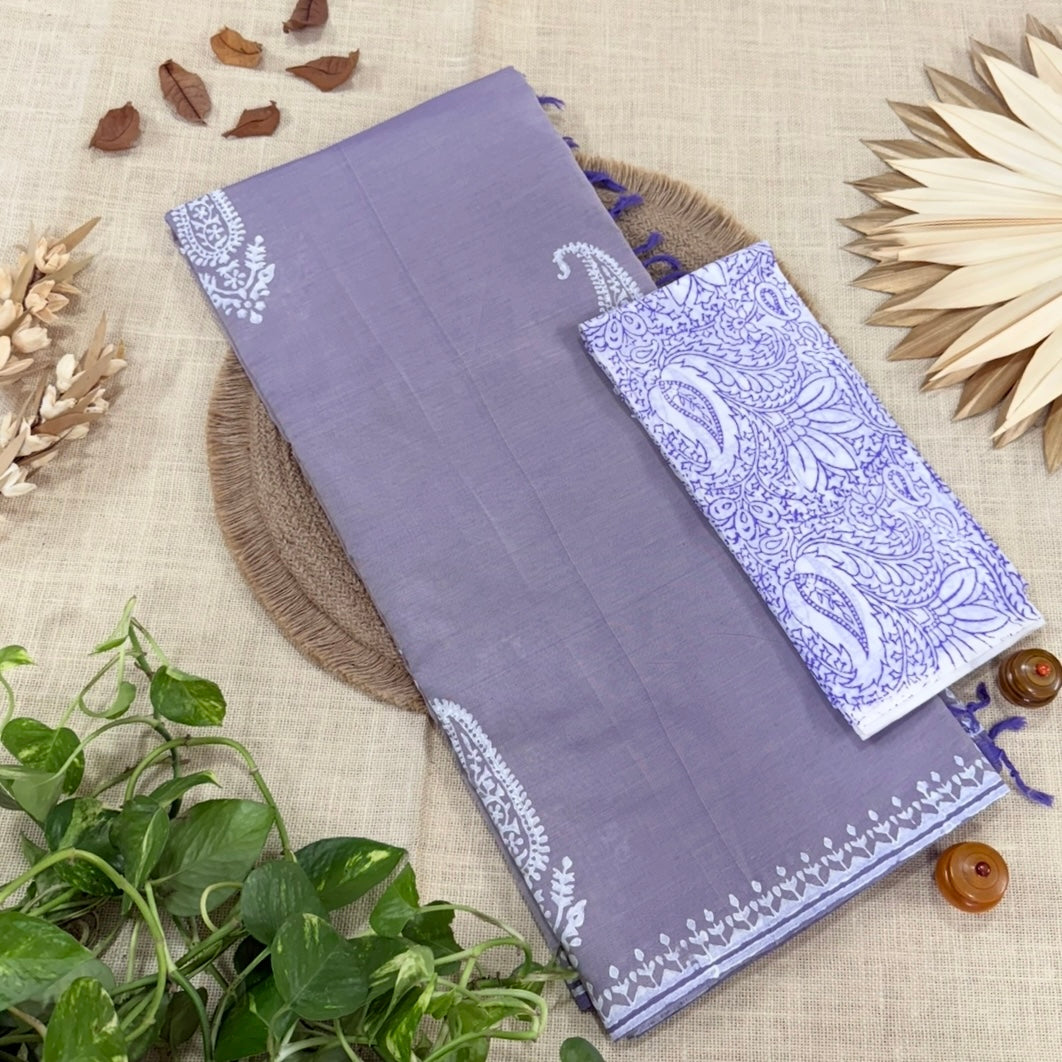 Lavender South Cotton Mix Block Printed Border Saree