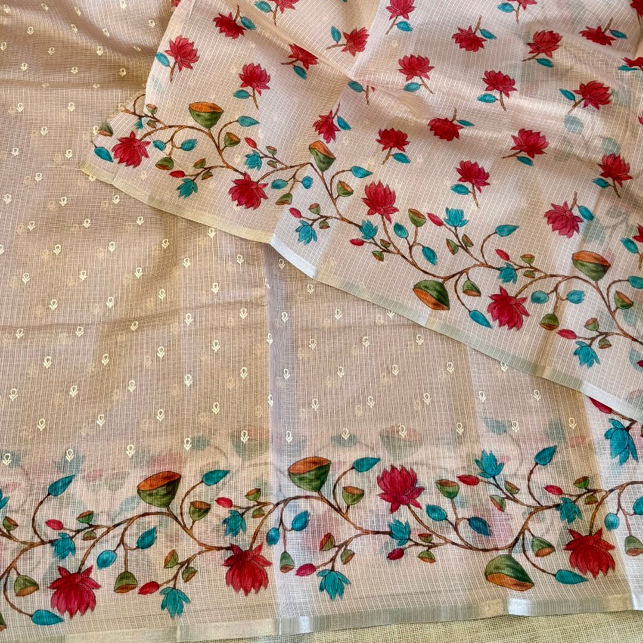 Beige Floral Embroidery Fancy Saree