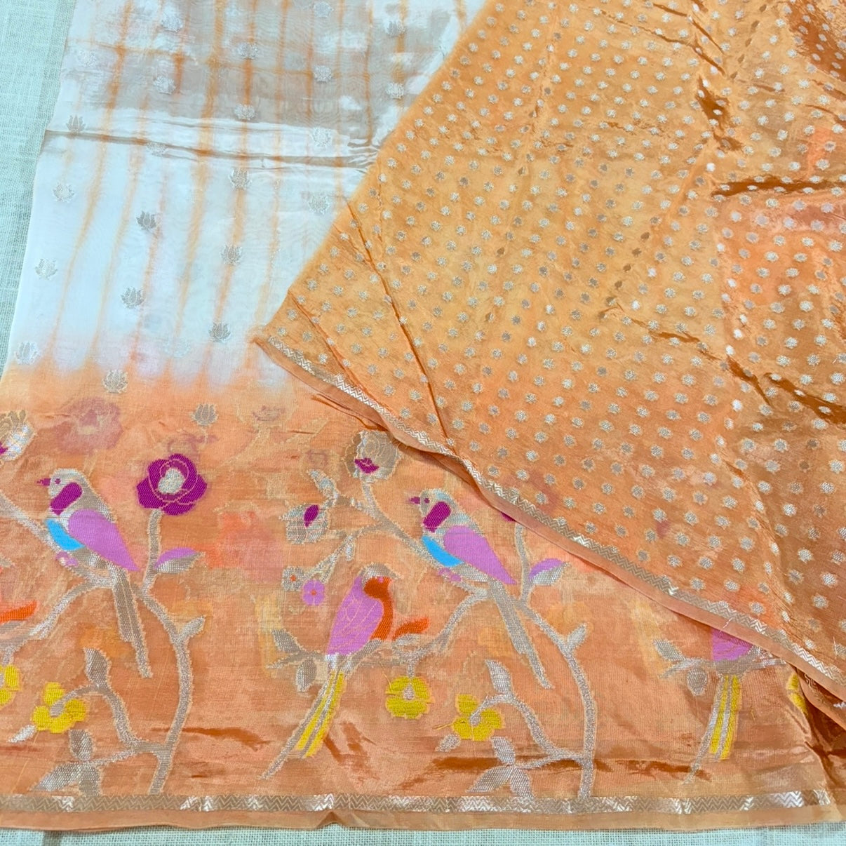 Orange Off White Floral Paper Silk Saree