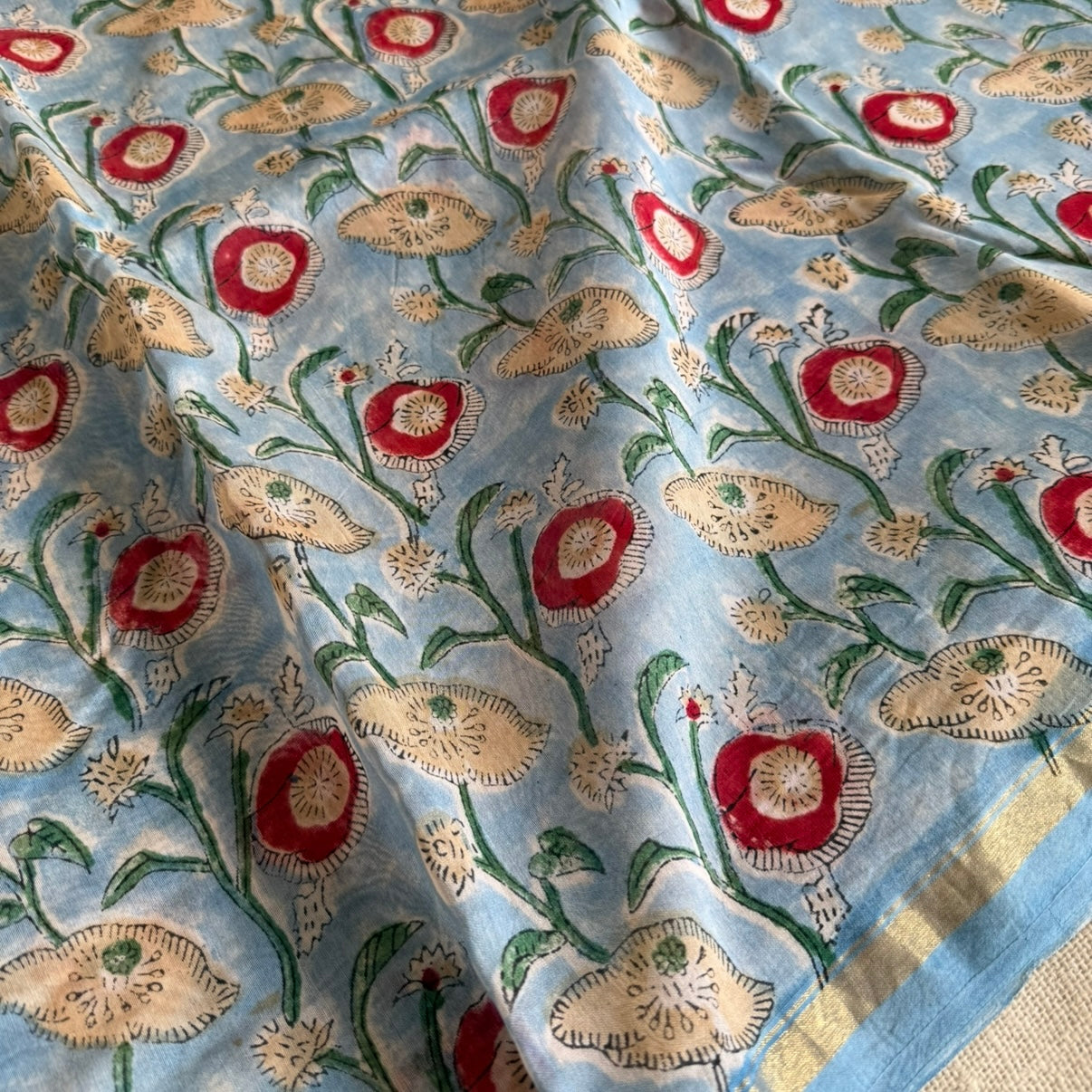 Sky-Blue Floral Chanderi Silk Cotton Saree