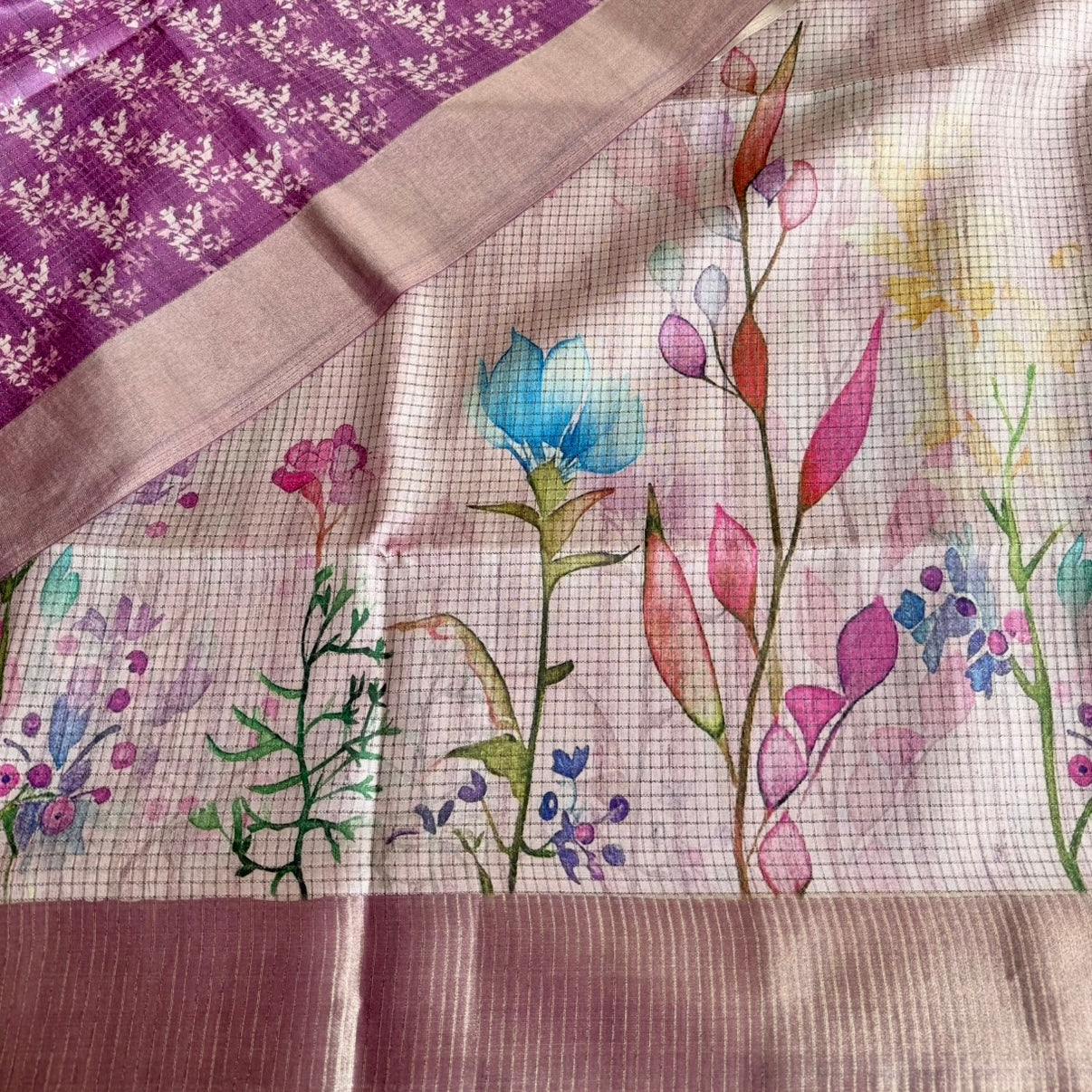 Pink Floral Kota Checks Tussar Saree