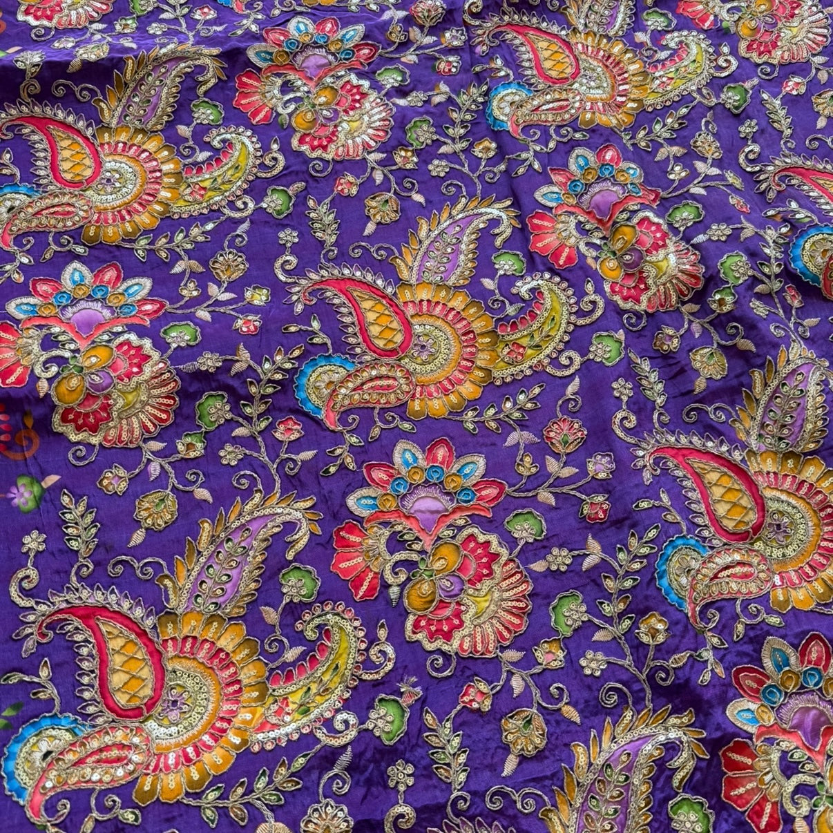 Purple Designer Paisley Floral Embroidery Crepe Blouse Fabric