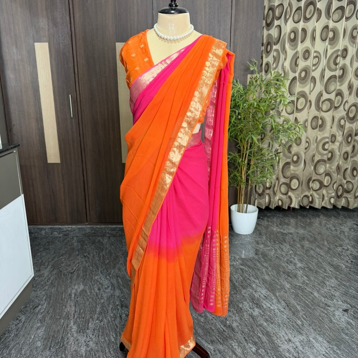Orange Pink Viscous Georgette Saree