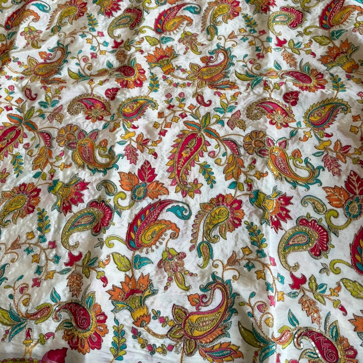 Cream Rich Paisley &Floral Embroidery Designer Crepe Blouse Fabric
