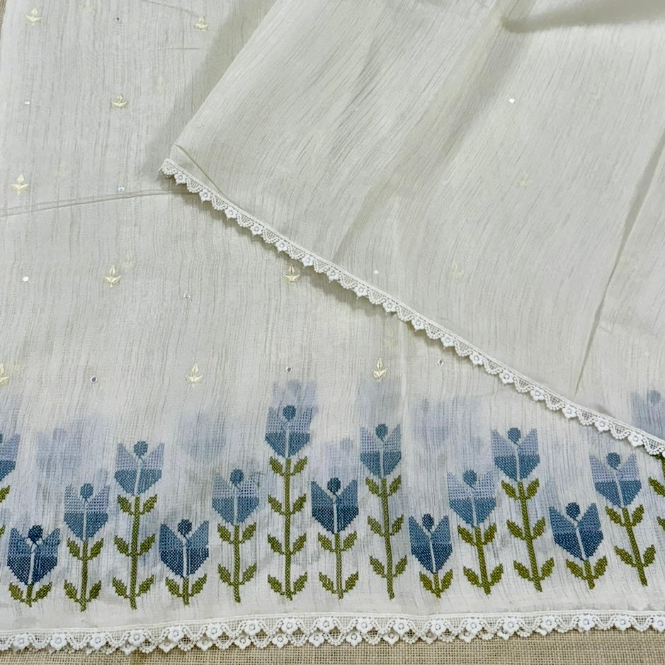 White n Indigo Floral Cross Stitch Embroidery Linen Saree
