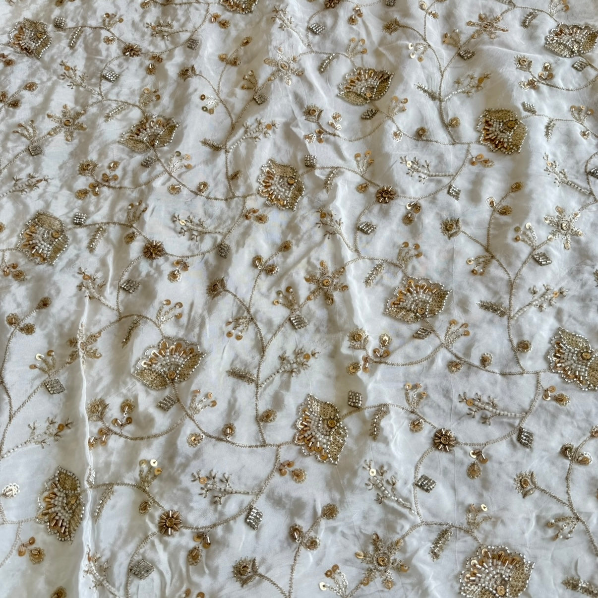White Natural Crepe Designer Hand Embroidered Fabric