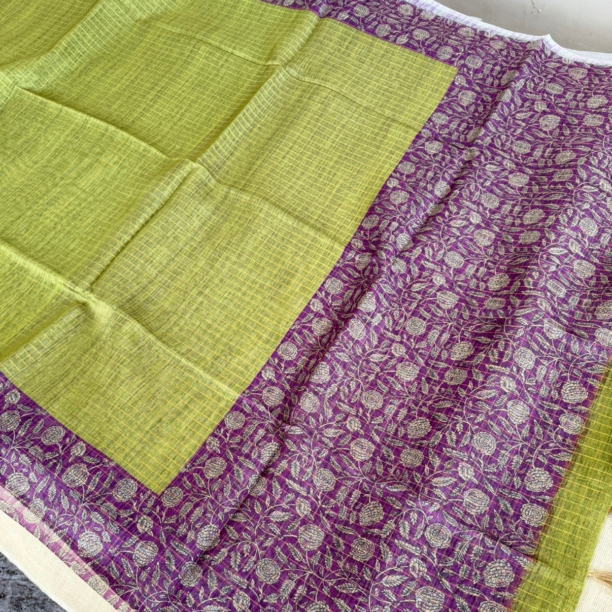 Green n Purple Checked Semi Tussar Saree