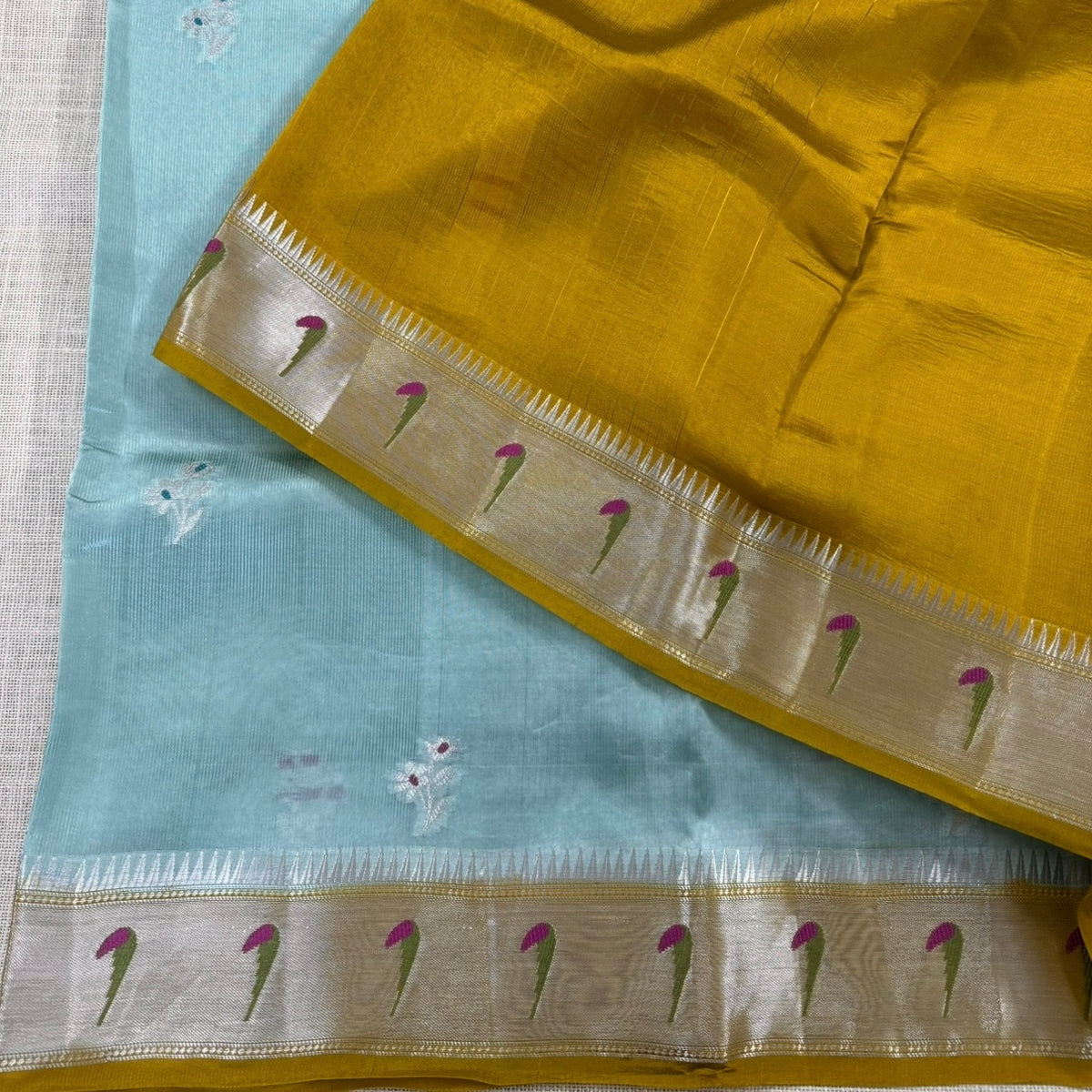 Soft pastel Aqua Floral Paithani Kora Silk Saree