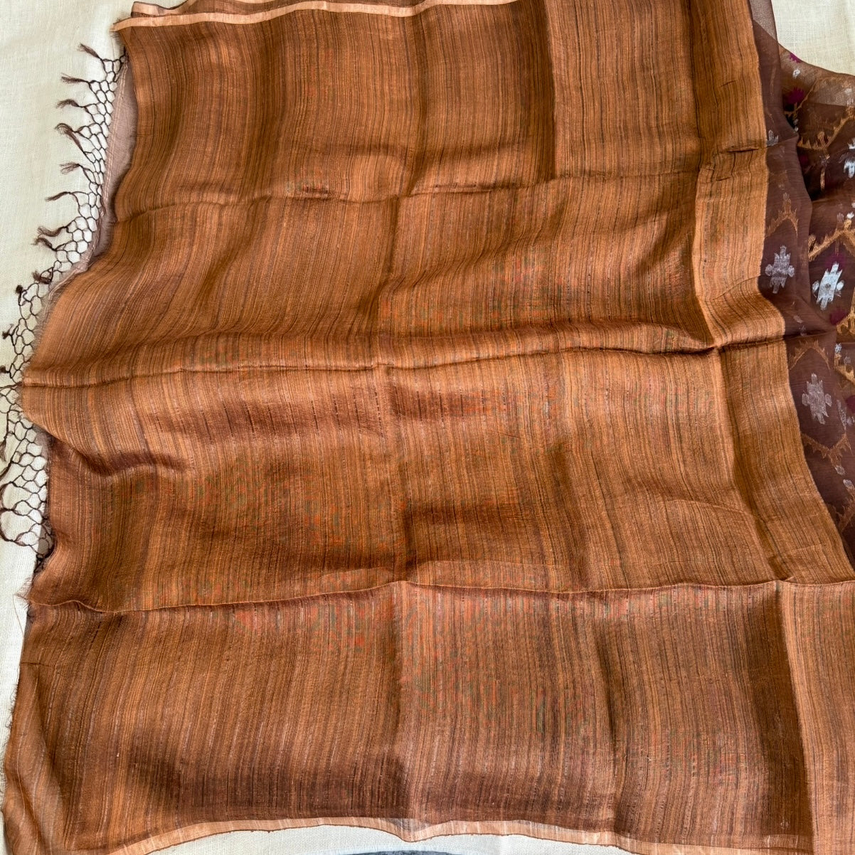 Brown Pure Muslin Dhakai Jamdhani Saree