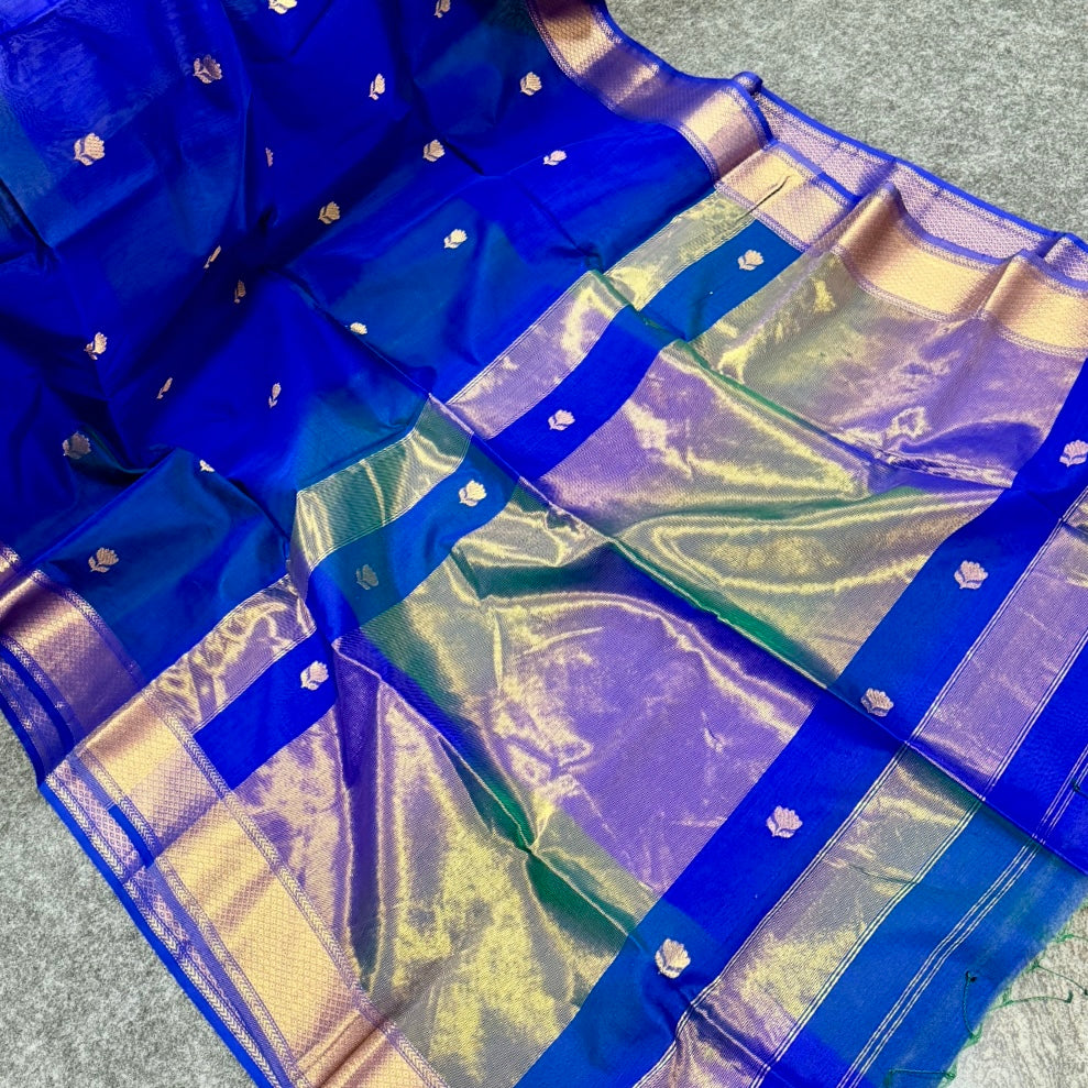 Royal Blue Peacock Dual Shade Lotus Butta Maheshwari Silk Cotton Saree