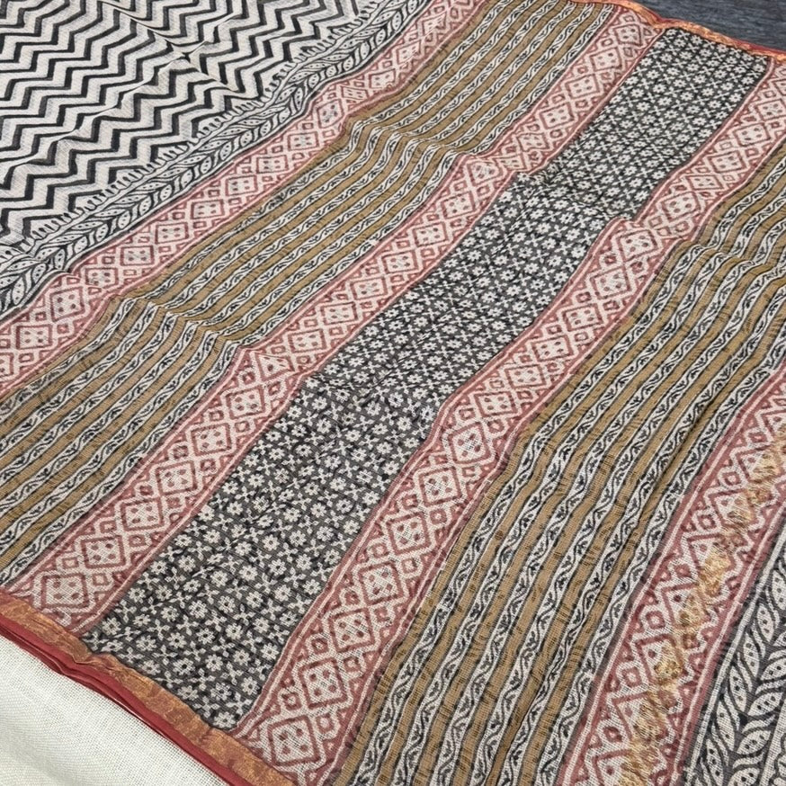 Beige Maroon Zigzag Pure Kota Doriya Saree