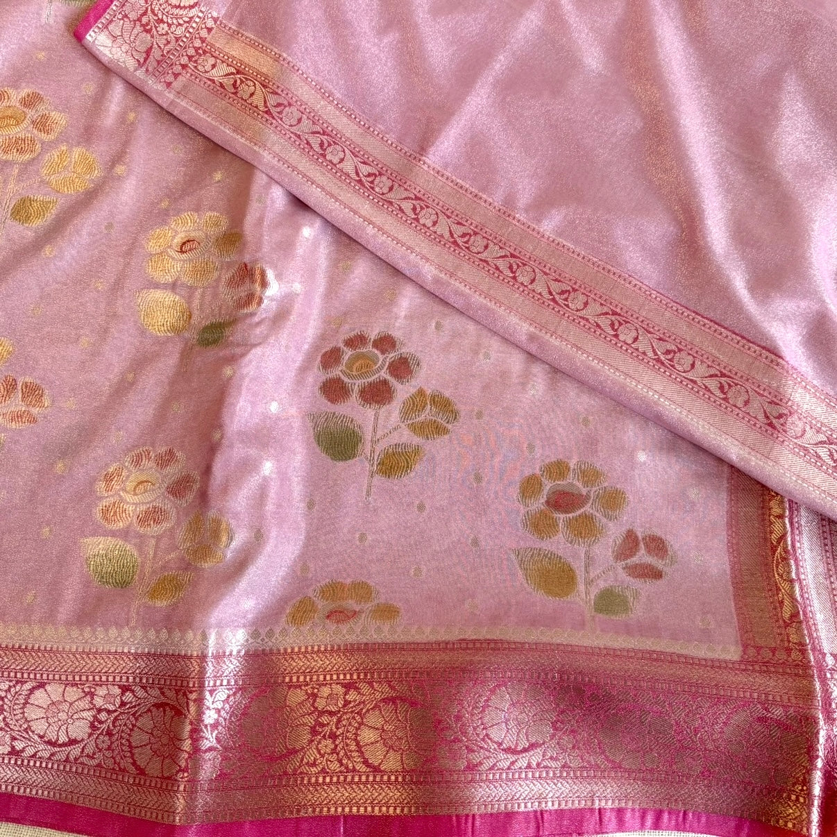 Pastel Pink Floral Soft Tissue Silk Saree