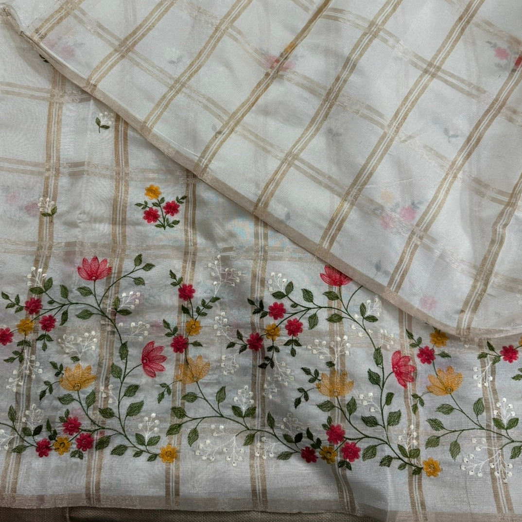 Off white Checks Floral Embroidery Semi Tussar Saree