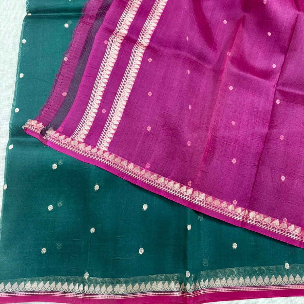 Bottle Green with Rani Pink Pure Kora Silk Saree