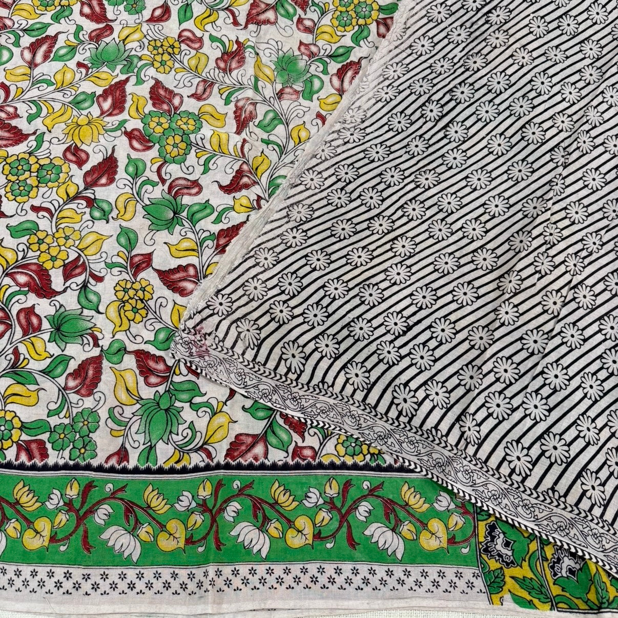 Beige Green Floral Kalamkari Cotton Saree
