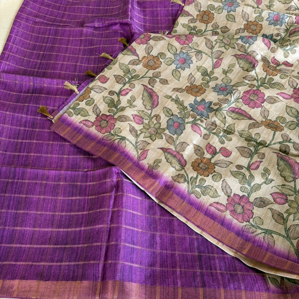 Magenta Checks Kalamkari Semi Tussar Saree