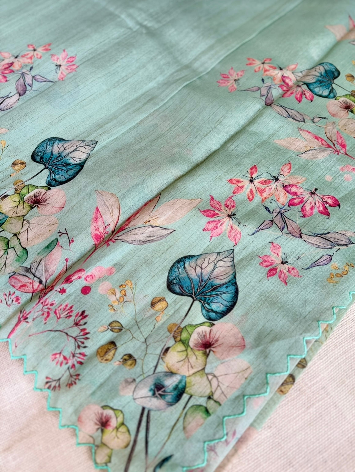 Sea Green Floral Semi Tussar Saree