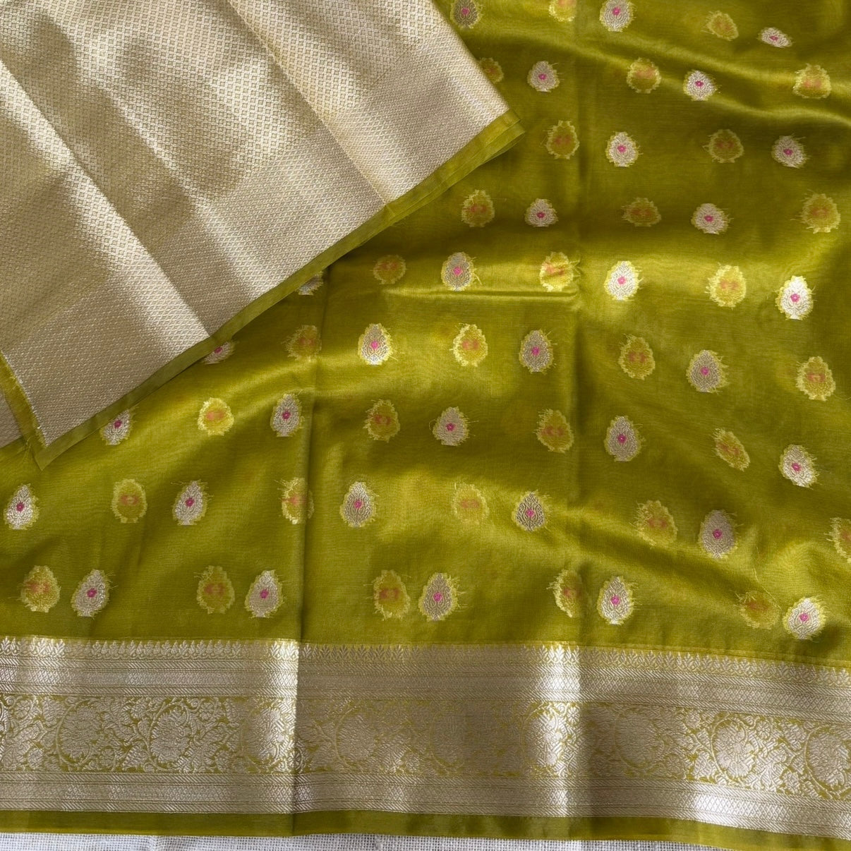 Olive (Mehandi) Green Banarasi Tissue Silk Saree