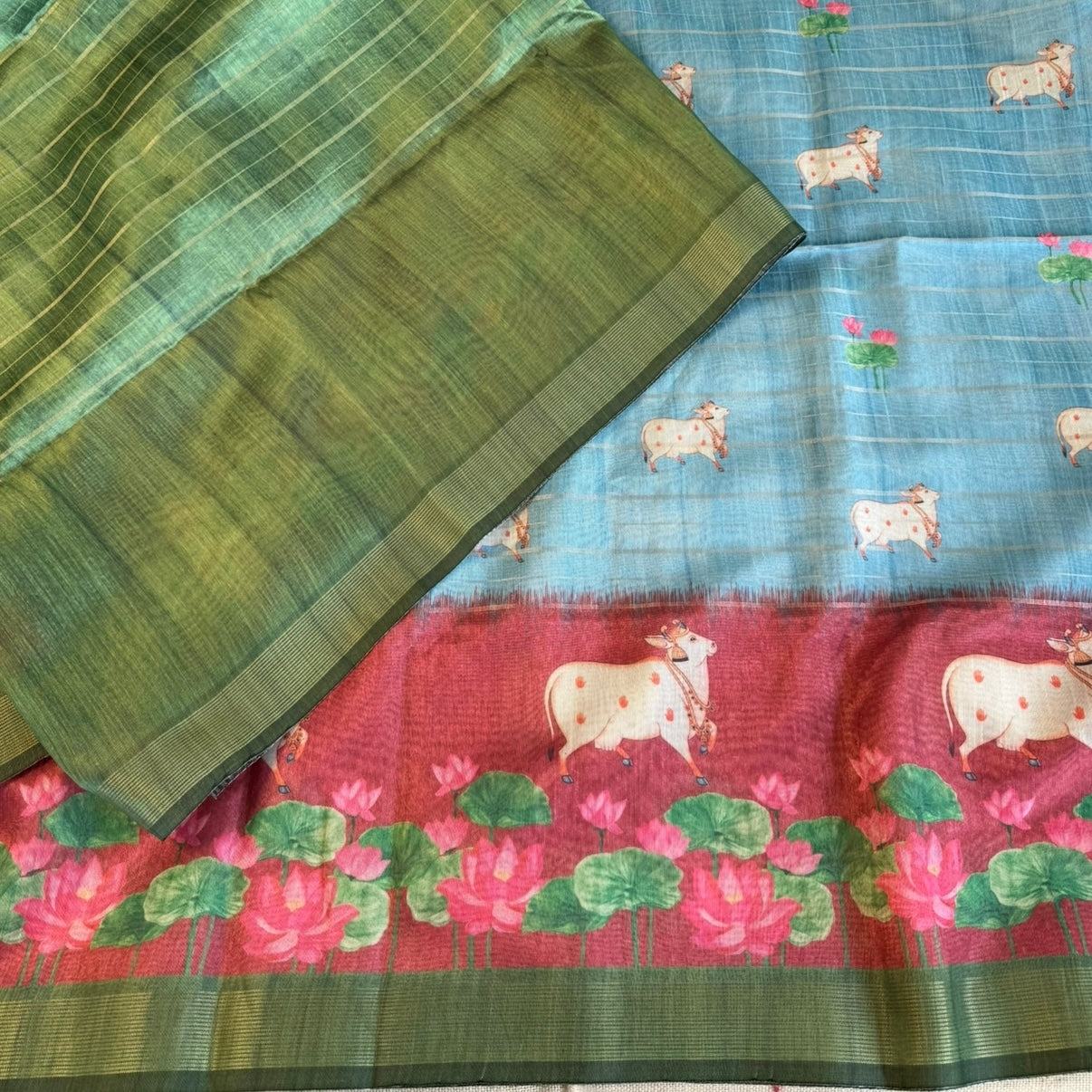 Sky Blue n Brown Pichwai cow lotus Semi Tussar Saree