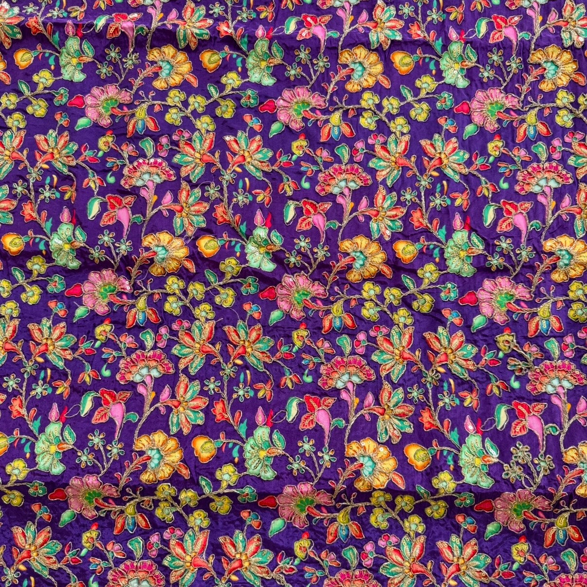 Purple Designer Floral Embroidery Crepe Blouse Fabric