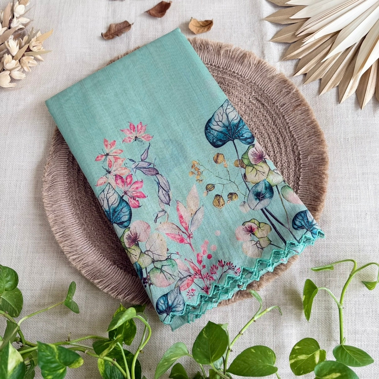 Sea Green Floral Semi Tussar Saree