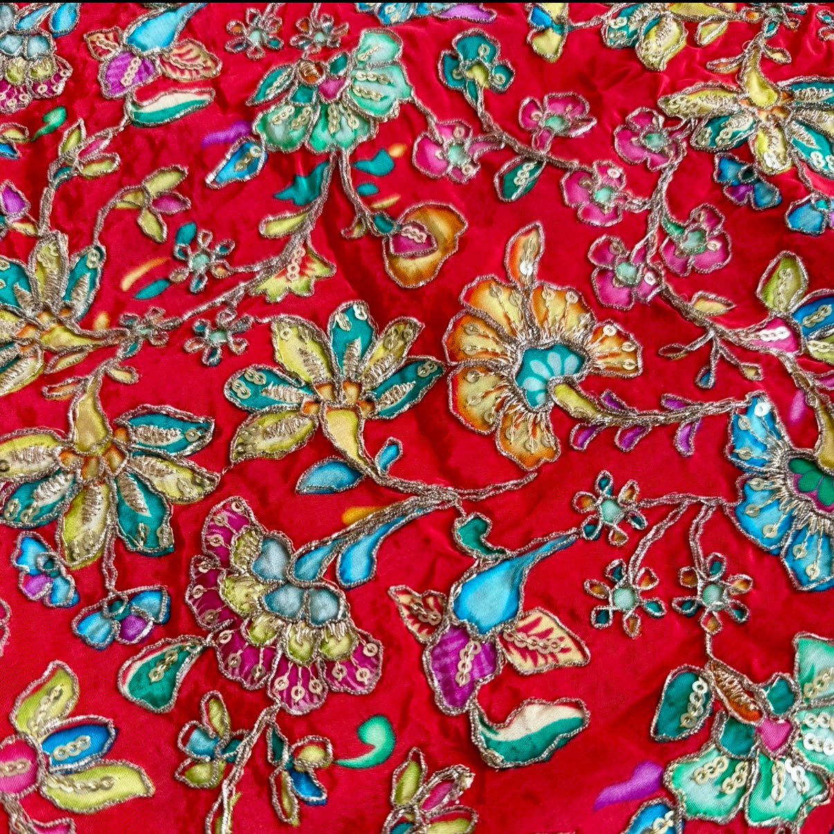 Red Designer Floral Embroidery Crepe Blouse Fabric