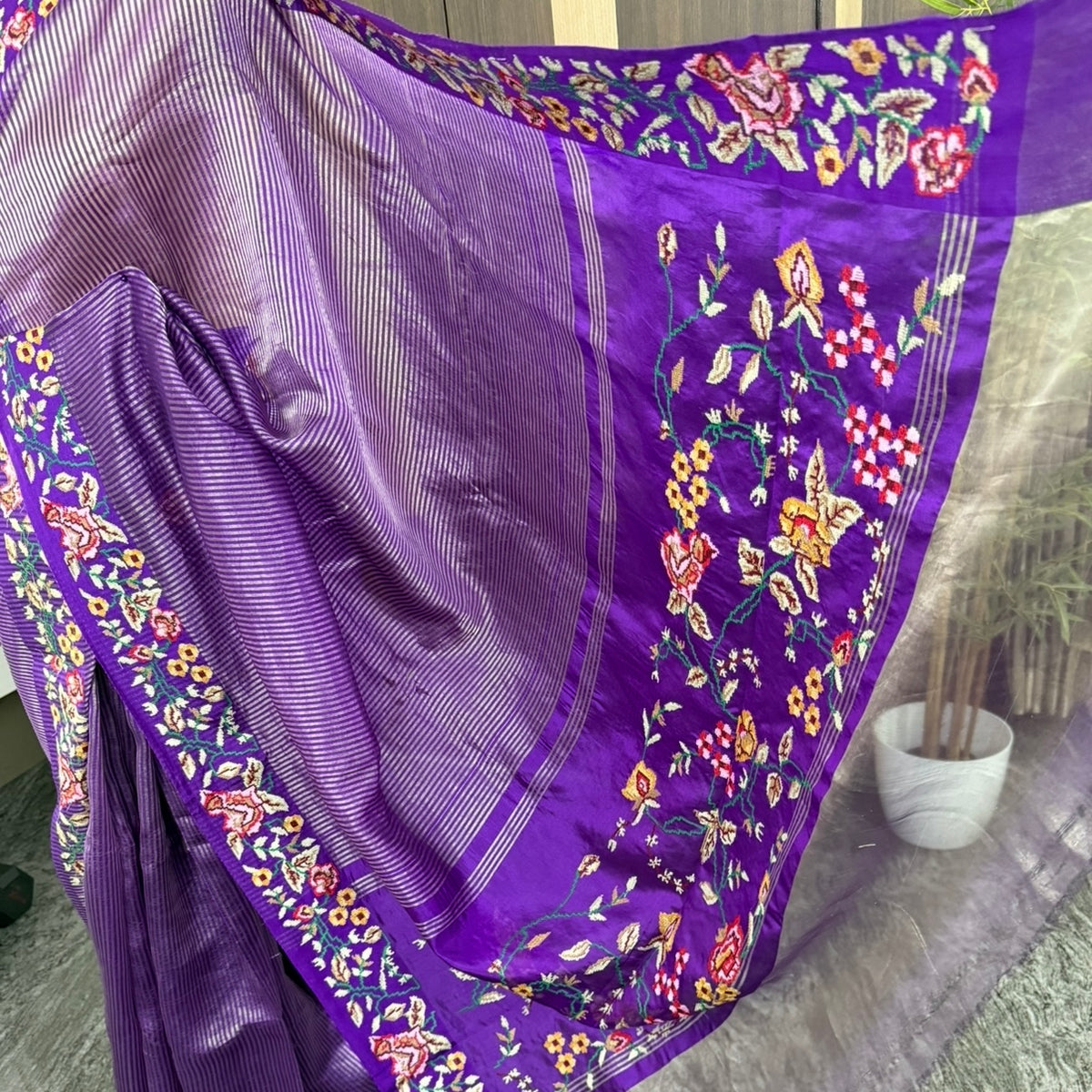 Purple Pure Tissue Embroidery Silk Saree