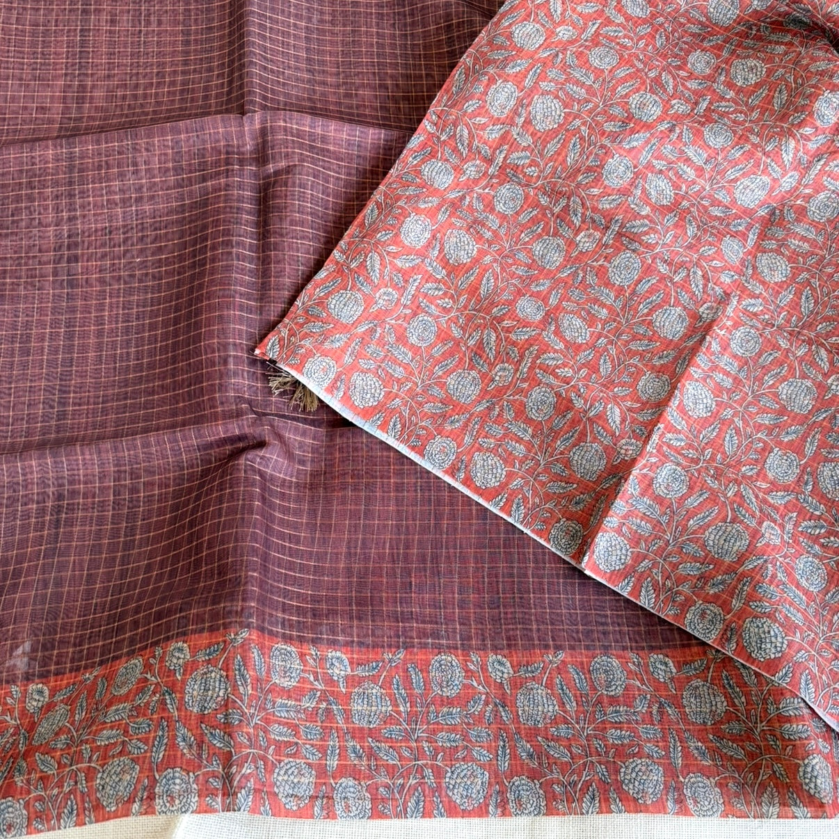 Brown n Orange Checked Semi Tussar Saree