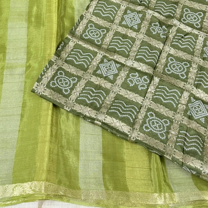 Mehendi Green Zari Stripes Chinnon Silk Saree