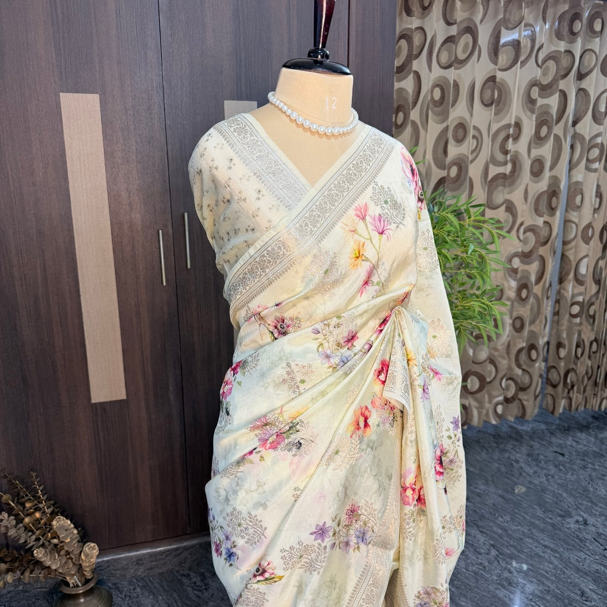 Off white Floral Crepe Silk Saree