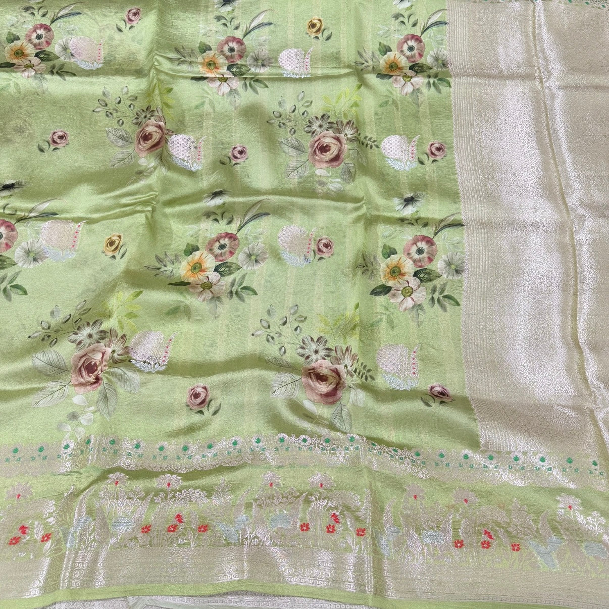 Mint Sage Floral Digital Raw Mango Silk Saree