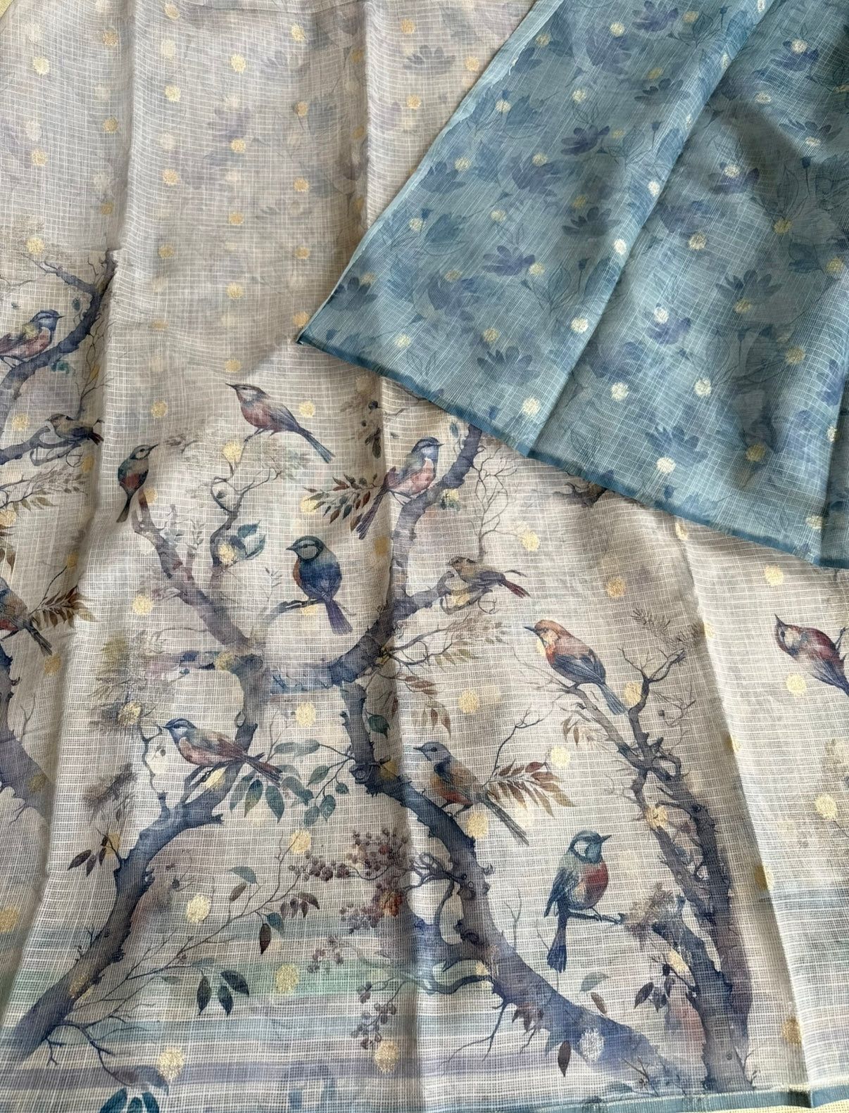 Bluish-Grey Bird Kota Saree