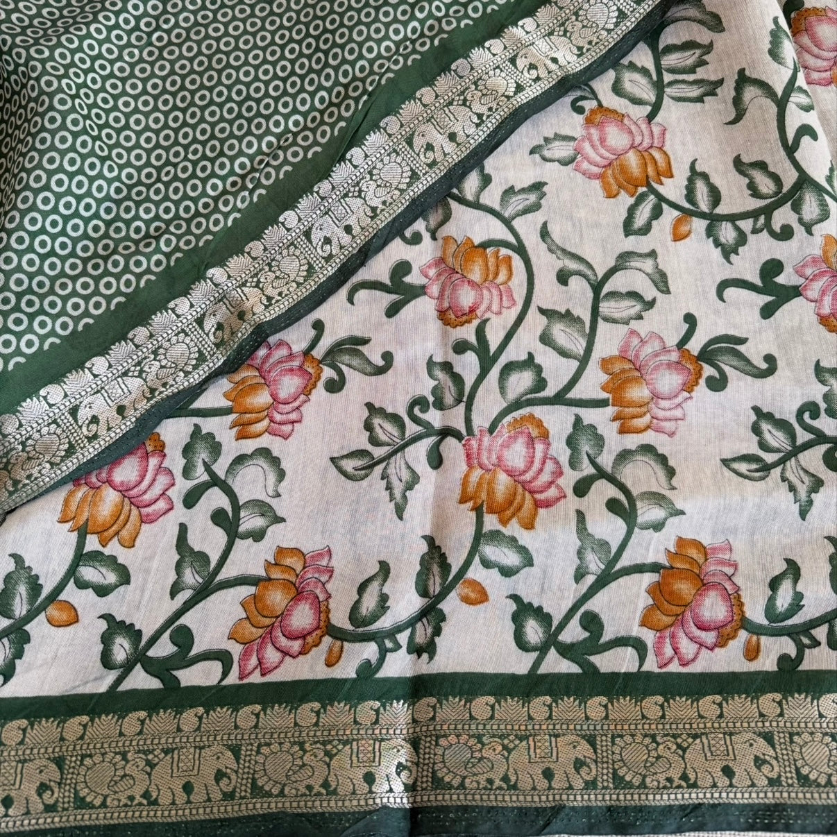 Dark Green Kalamkari Fancy Cotton Saree
