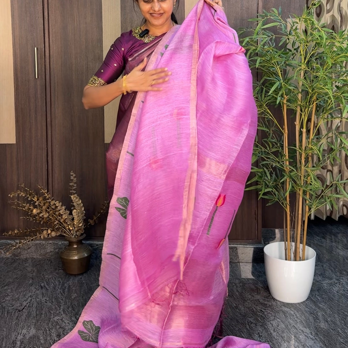 Lotus Pink Tussar Linen Lotus Jamdhani Silk Saree