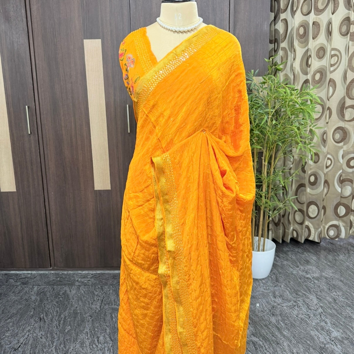 Yellow Zari Checks Mirror Chinnon Silk Saree