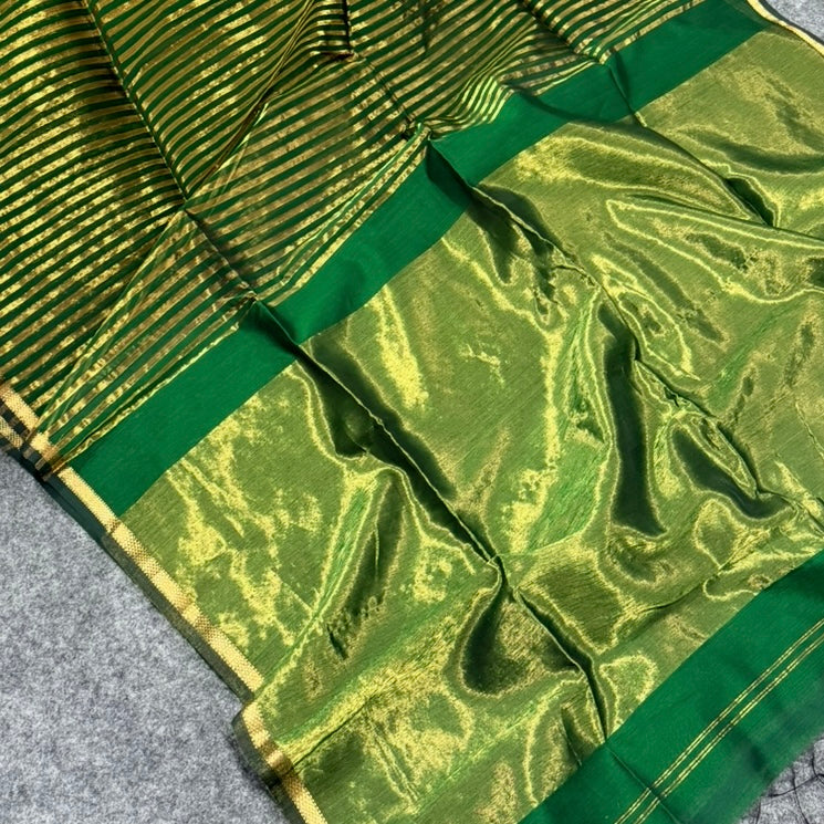 Green Gold Stripes Maheshwari Silk Cotton Saree