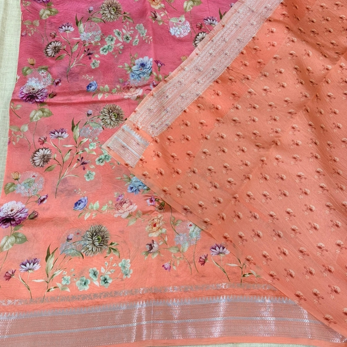 Peach with Pink Floral Ombré Digital Raw Mango Silk Saree