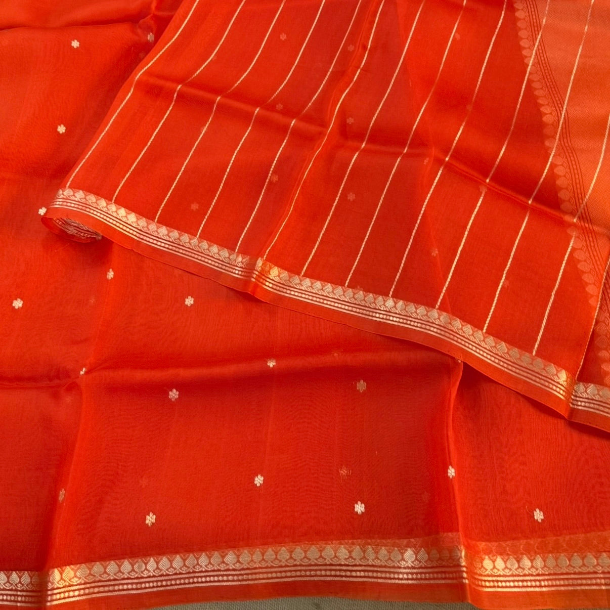 Vibrant Orange Pure Kora Silk Saree