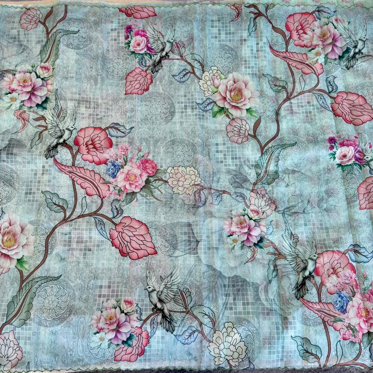 Sea Green Mandala Floral Semi Tussar Saree