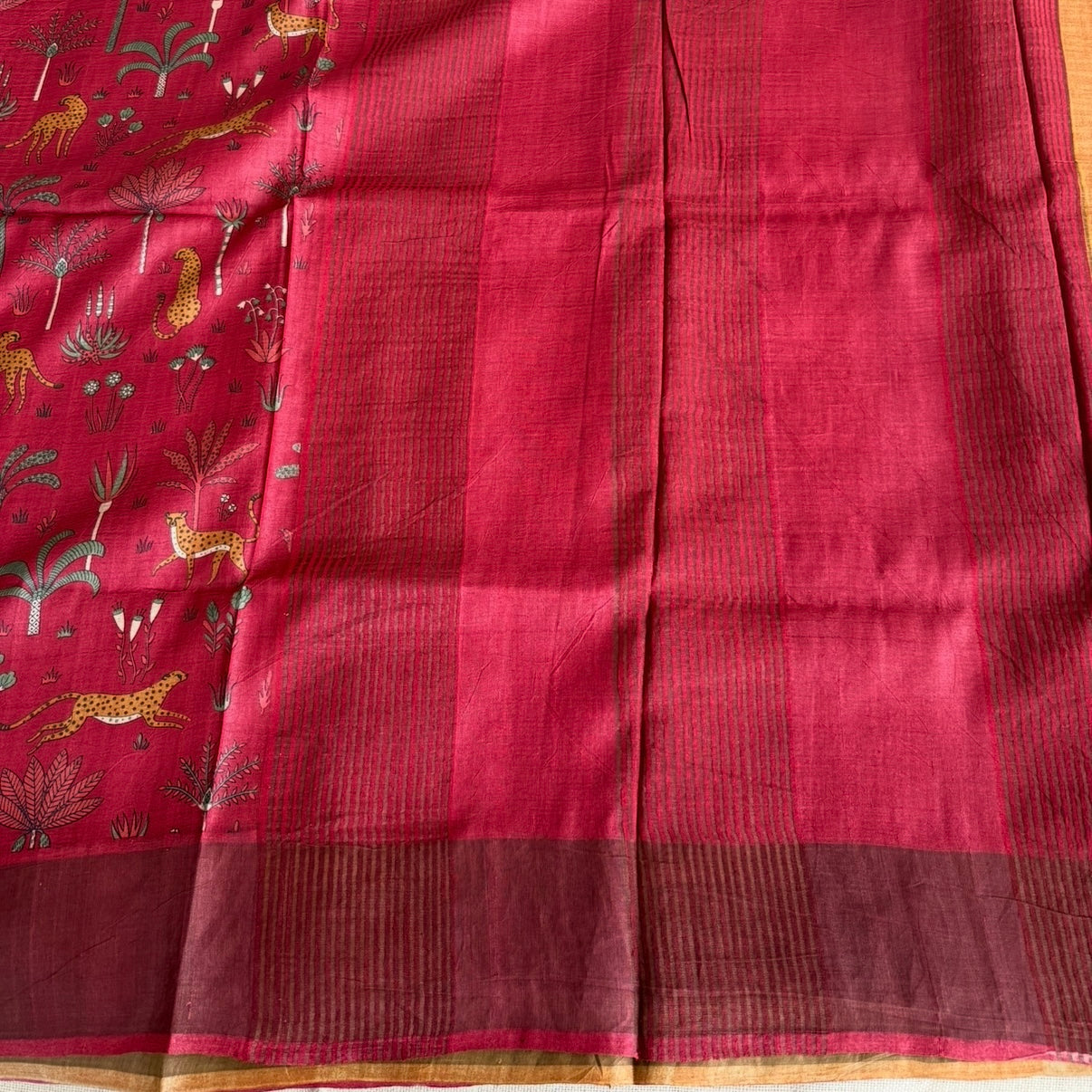 Deep Maroon With Cheetahs Pure Tussar Silk Saree