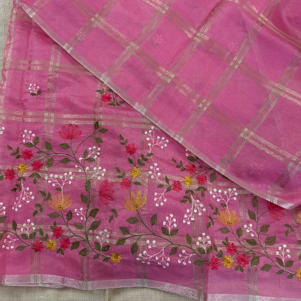 Pink Chekcs Floral Embroidery Semi Tussar Saree