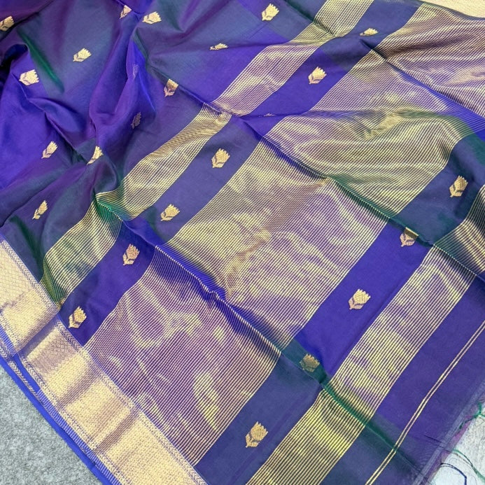 Purple Peacock Blue Dual Shade Lotus Butta Maheshwari Silk Cotton Saree