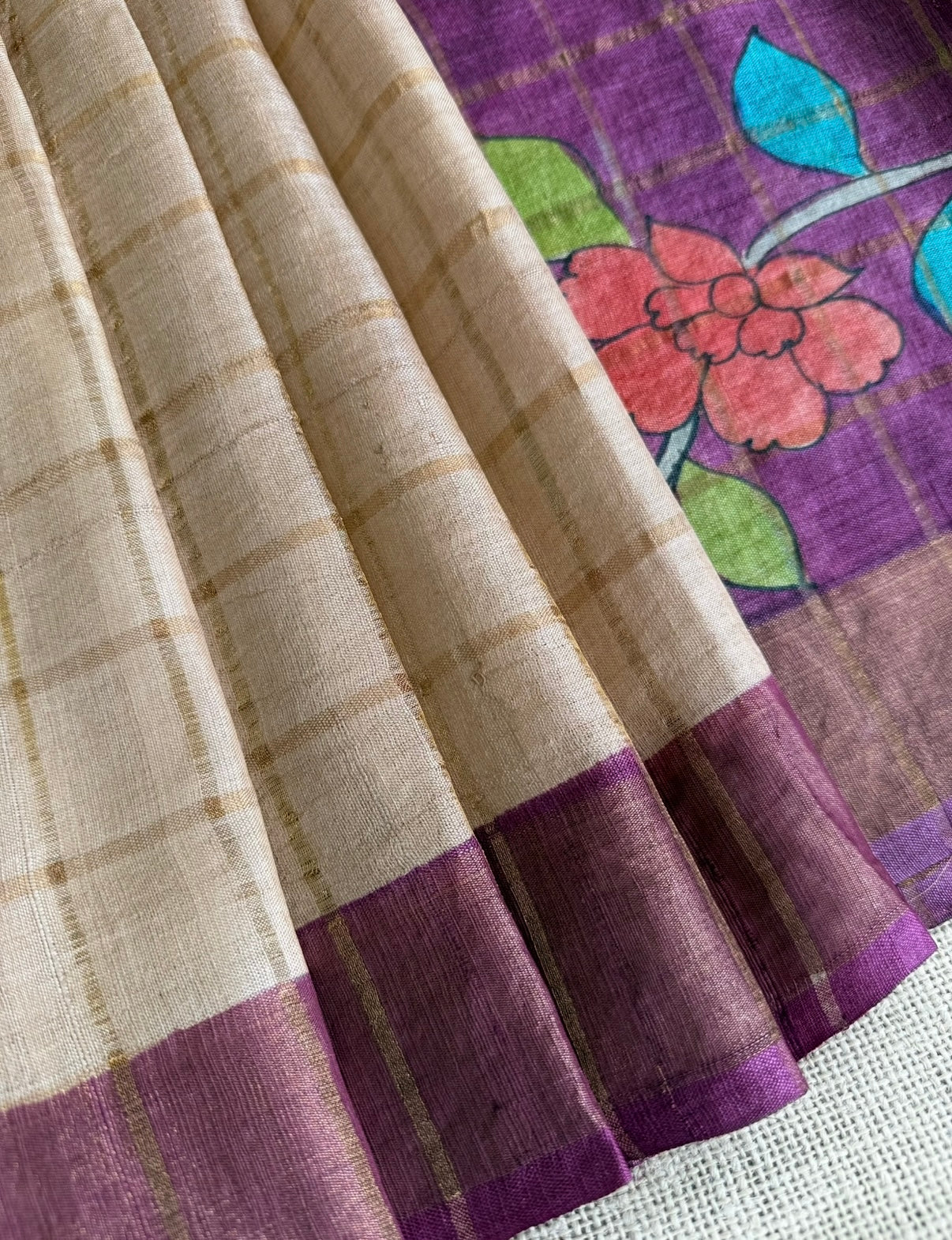 Beige Zari Checked Pure Tussar Silk Saree