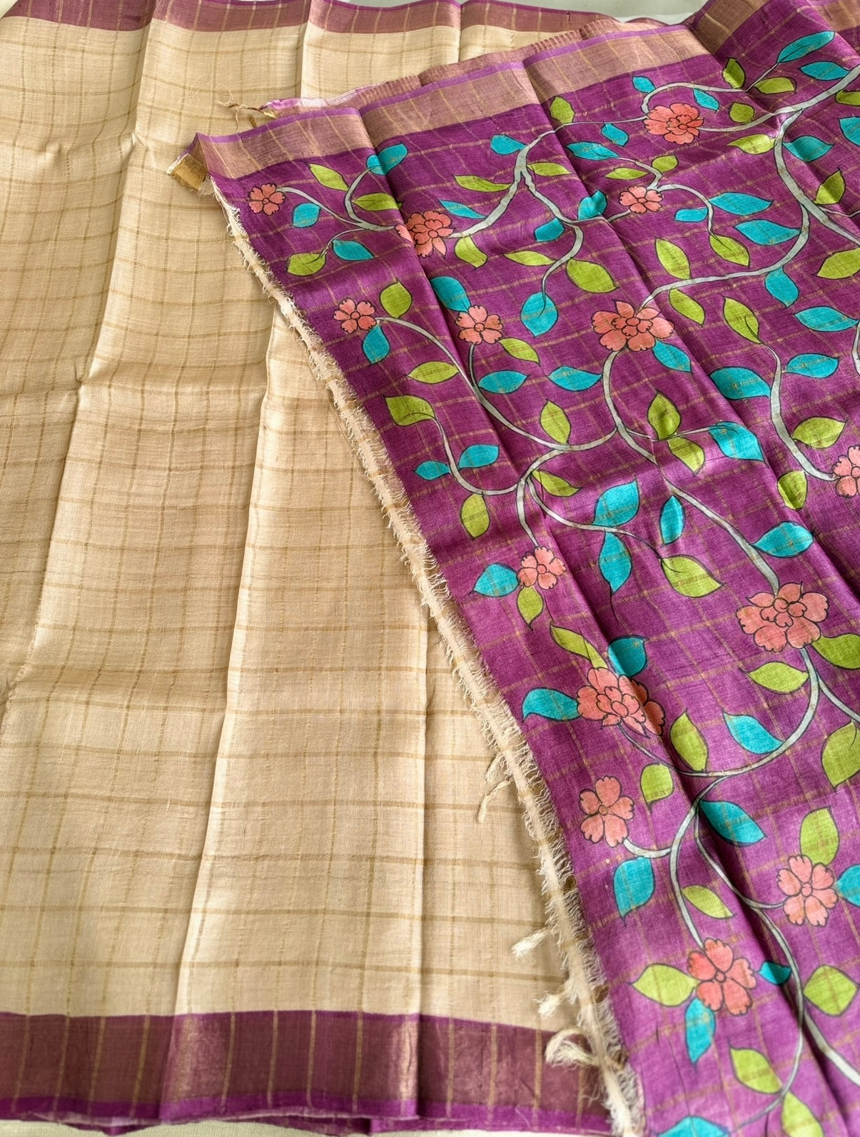 Beige Zari Checked Pure Tussar Silk Saree