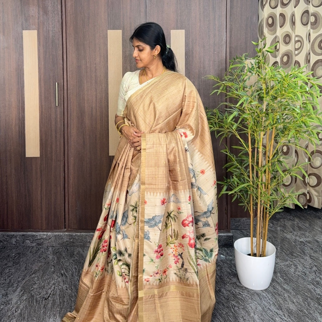 Pastel Beige Floral Semi Tussar Saree