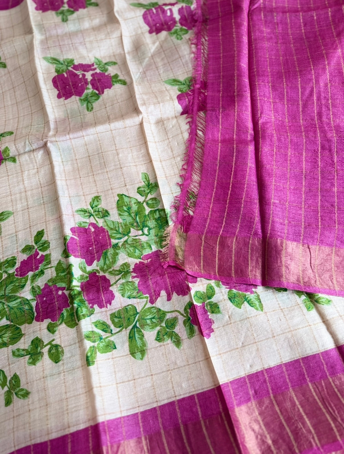Beige Zari Checks Floral Pure Tussar Silk Saree